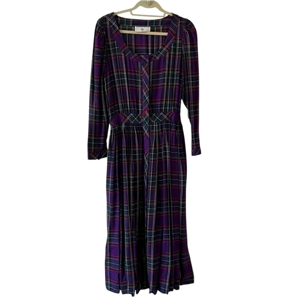 Vintage 80s Eileen West Purple Tartan Plaid Pleated Maxi Dress NWOT Small - Picture 5 of 16